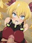  1girl ahegao bare_shoulders blonde_hair blue_eyes blush breasts censored claire_harvey cum drill_hair erect_nipples fellatio hundred large_breasts long_hair miyamaya nude open_mouth squatting twintails 