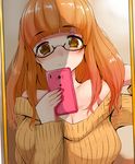  bangs blunt_bangs blush breasts brown_eyes brown_hair cellphone cleavage girls_und_panzer glasses han_(jackpot) huge_breasts long_hair off-shoulder_sweater phone self_shot smartphone smile solo sweater takebe_saori 