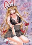  2016 alternate_costume alternate_eye_color artist_name bangs bed between_legs black_panties blonde_hair bow breasts choker cleavage collarbone dated eyes hair_between_eyes hair_bow hand_between_legs hand_on_own_elbow hat hat_ribbon heart hips lace_trim large_breasts leaning_to_the_side legs long_hair looking_to_the_side mob_cap mosho panties purple_background red_eyes red_lips ribbon ribbon_choker see-through sock_bow socks solo thighs touhou traditional_media underwear very_long_hair white_legwear yakumo_yukari 