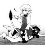  &gt;:( angel_wings angry doremy_sweet dress frown greyscale hat jacket kishin_sagume long_sleeves looking_at_another looking_back lying monochrome multiple_girls nightcap on_stomach open_clothes open_jacket pointing pointing_finger pom_pom_(clothes) shikushiku_(amamori_weekly) shirt short_hair single_wing sitting sitting_on_person tail tapir_tail touhou v-shaped_eyebrows wings 
