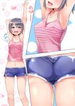  armpits ass black_eyes black_hair breasts cleavage comic covered_nipples gaichi gym_shorts idolmaster idolmaster_cinderella_girls multiple_views navel open_mouth otokura_yuuki outstretched_arms short_hair shorts silent_comic smile tank_top 