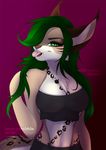 2016 anthro breasts cat chest_tuft clothing eyelashes feline female fur gradiewoof green_eyes green_hair grey_fur hair mammal navel pink_tongue simple_background solo standing teeth tongue tuft white_fur wide_hips 