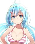 bare_shoulders bikini blue_eyes blue_hair blush breasts cleavage hair_ornament hairclip hands_on_hips highres large_breasts long_hair looking_at_viewer ninnzinn original pout simple_background solo strap_gap swimsuit twintails white_background 