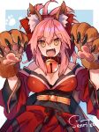  1girl animal_ear_fluff animal_ears bell bell_collar breasts cat_hair_ornament cat_paws cleavage collar eyebrows_visible_through_hair fangs fate/extra fate/grand_order fate_(series) fox_ears fox_tail gloves hair_ornament hair_ribbon highres japanese_clothes jingle_bell kimono kneesocks_senritsu large_breasts long_hair looking_at_viewer open_mouth paw_gloves paws pink_hair ponytail red_kimono red_ribbon ribbon solo tail tamamo_(fate)_(all) tamamo_cat_(fate) 