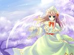  angel_wings aqua_eyes asahina bad_id bangs blonde_hair bow bowtie capelet cherry_blossoms cloud day dress eyebrows_visible_through_hair green_eyes hair_bow hat highres layered_sleeves lily_white long_hair long_sleeves looking_at_viewer medium_hair outdoors red_bow red_neckwear sash solo touhou tree white_dress white_hat wide_sleeves wings 