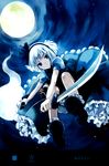  absurdres blue_eyes bow dual_wielding frown full_moon ghost hair_bow highres holding konpaku_youmu konpaku_youmu_(ghost) miyabi_akino moon short_hair silver_hair solo sword touhou weapon 