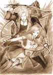  1girl book brown castlevania castlevania:_portrait_of_ruin charlotte_aulin daburoku frame gloves highres jonathan_morris monochrome sepia skirt thighhighs whip 