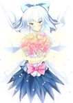  :&lt; blue_eyes blue_hair blush bouquet bow cirno flower highres otogi_kyouka short_hair solo touhou wings 