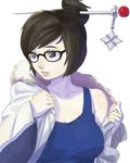  black-framed_eyewear breasts brown_eyes brown_hair cleavage coat collarbone fur_trim glasses hair_bun hair_ornament hair_stick highres large_breasts looking_to_the_side mei_(overwatch) overwatch parted_lips rai32019 short_hair simple_background smile solo tank_top undressing upper_body white_background 