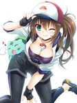  adjusting_clothes adjusting_hat backpack bag baseball_cap belt between_breasts black_legwear blush breasts brown_hair bulbasaur choker cleavage cropped_jacket female_protagonist_(pokemon_go) fingerless_gloves gen_1_pokemon gloves green_eyes hat large_breasts leaning_forward leggings long_hair looking_at_viewer no_socks one_eye_closed poke_ball pokemon pokemon_(creature) pokemon_go ponytail shoes smile sneakers suzui_narumi white_background 