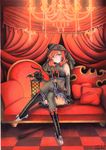  2016 bare_shoulders black_dress black_gloves black_hat bow bowtie chandelier checkered checkered_floor closed_mouth couch crossed_legs dated dress elbow_gloves fishnet_legwear fishnets flower full_body glint gloves grey_footwear hat head_tilt indoors lantern lolita_fashion looking_at_viewer love_live! love_live!_school_idol_project mini_hat mosho nishikino_maki on_couch pillow purple_eyes red red_bow red_flower red_hair red_neckwear red_rose rose shoes short_hair signature sitting smile solo thighhighs traditional_media veil zettai_ryouiki 