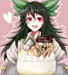  :d apron birthday_cake black_hair blush bow cake commentary_request food green_bow hair_bow happy_birthday heart holding holding_tray long_hair looking_at_viewer nyakonro_(nekonro) open_mouth oven_mitts puffy_short_sleeves puffy_sleeves red_eyes reiuji_utsuho short_sleeves slow_loris smile solo third_eye touhou tray upper_body 