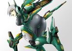  1girl armor ass bodysuit breasts from_behind gatakk gloves green_eyes large_breasts leaning leaning_forward looking_at_viewer looking_back mecha_musume open_mouth original shiny shiny_clothes shiny_hair short_hair sideboob silver_hair solo weapon 