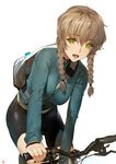  :d amane_suzuha bag between_breasts bicycle bike_shorts black_shorts blue_jacket blush braid breasts eyebrows eyebrows_visible_through_hair green_eyes ground_vehicle highres jacket leaning_forward long_hair long_sleeves looking_at_viewer medium_breasts open_mouth over_shoulder riding short_hair shorts signature smile solo steins;gate strap_cleavage tomboy track_jacket twin_braids yang-do zipper 