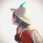  1girl backpack bag black_hair blue_eyes collarbone commentary_request eyebrows_visible_through_hair feathers gloves helmet highres holding_strap kaban_(kemono_friends) kemono_friends pith_helmet profile shirt short_hair short_sleeves solo t-shirt takami_masahiro 