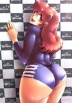  1girl against_wall ass bodysuit curvy from_behind green_eyes huge_ass leotard long_hair looking_at_viewer looking_back open_mouth original red_hair rybiorock shiny shiny_clothes shiny_hair skin_tight smile solo thick_thighs tongue wide_hips 