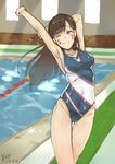  2016 ;) absurdres arm_behind_head arm_up armpits bangs breasts brown_eyes brown_hair closed_mouth collarbone competition_swimsuit cowboy_shot d.va_(overwatch) dated facepaint facial_mark heiyu highres indoors lane_line long_hair medium_breasts one-piece_swimsuit one_eye_closed overwatch pool sideboob signature smile solo stretch swept_bangs swimsuit whisker_markings 