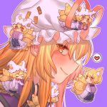  6+girls animal_ear_fluff animal_ears apron blonde_hair blush bright_pupils closed_mouth dress eyes_closed fox_ears fox_tail hands_in_opposite_sleeves hat hat_ribbon heart highres holding ladle long_hair looking_at_viewer masanaga_(tsukasa) minigirl mob_cap multiple_girls multiple_persona multiple_tails no_hat no_headwear ofuda orange_eyes pillow_hat profile purple_background red_ribbon ribbon short_hair simple_background smile spoken_heart tabard tail tassel touhou white_dress white_hat yakumo_ran yakumo_yukari 