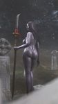  1girl 3d ass black_hair breasts graveyard grey_skin hisako killer_instinct naginata nude tall xbox zombie 