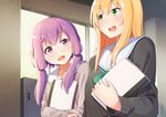  :d blonde_hair bow bowtie dacchi eyebrows eyebrows_visible_through_hair green_bow green_eyes green_neckwear hair_between_eyes highres holding indoors locker long_hair long_sleeves looking_at_another multiple_girls open_mouth purple_eyes purple_hair school_uniform short_hair_with_long_locks sidelocks smile sweater talking tsurumaki_maki vocaloid voiceroid window yuzuki_yukari 