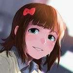  amami_haruka bangs blue_eyes blurry blurry_background bow collared_shirt face grin hair_bow idolmaster idolmaster_(classic) mozuk parted_lips portrait red_bow revision shirt short_hair smile solo teeth wing_collar 