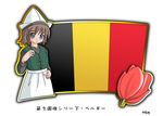  1girl belgium brown_hair flag green_eyes hat murakami_senami 