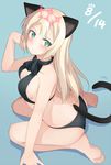  animal_ears ass bad_id bad_pixiv_id barefoot bikini black_bikini blonde_hair blue_background blush breasts cat_ears cat_tail cleavage collarbone commentary_request feet from_above green_eyes heinrike_prinzessin_zu_sayn-wittgenstein hirschgeweih_antennas large_breasts long_hair looking_at_viewer mobu noble_witches sitting soles solo swimsuit tail toes wariza world_witches_series 