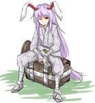  alternate_costume animal_ears bunny_ears commentary_request forbidden_scrollery full_body japanese_clothes kan_(aaaaari35) long_hair looking_at_viewer one_eye_closed purple_hair red_eyes reisen_udongein_inaba simple_background smile solo touhou very_long_hair white_background 