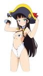  adjusting_clothes adjusting_hat bangs bikini_top black_hair blue_eyes blunt_bangs blush breasts gloves hat highres kurosawa_dia long_hair love_live! love_live!_sunshine!! medium_breasts mole mole_under_mouth nagarakawa_shiraku pirate_hat single_glove skull solo strap_slip underboob 