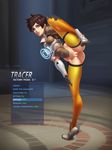  1girl bottomless brown_hair earrings fxnative gloves jacket leg_up overwatch parted_lips pussy short_hair solo spiked_hair spread_legs thighhighs tracer_(overwatch) uncensored yellow_eyes 
