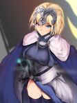  absurdres armor bad_id bad_pixiv_id belt blonde_hair blue_eyes breasts cape fate/apocrypha fate/grand_order fate_(series) from_above highres hplay huge_breasts jeanne_d'arc_(fate) jeanne_d'arc_(fate)_(all) short_hair solo sword weapon 