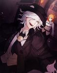  1girl :d ascot bangs belt belt_buckle black_belt black_cloak black_hat black_legwear black_pants black_skirt buckle clenched_hand cloak closed_mouth collared_shirt dress_shirt dungeon edmond_dantes_(fate/grand_order) eyebrows_visible_through_hair fangs fate/grand_order fate_(series) fujimaru_ritsuka_(female) hair_between_eyes hair_ornament hair_over_one_eye hair_scrunchie hat indoors jacket long_sleeves looking_at_another looking_back open_clothes open_jacket open_mouth orange_eyes orange_hair orange_scrunchie pants pantyhose scrunchie shirt short_hair side_ponytail skirt smile standing stone_floor torch uraha v-shaped_eyebrows wavy_hair white_hair white_shirt yellow_eyes 