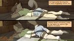  2016 abs anthro barefoot bed brown_hair brush bulge butt cat clasped_hands clothed clothing comic digital_media_(artwork) equine eyes_closed faf feline fur hair lagomorph male mammal raised_tail shirt shorts sleeping smile text 