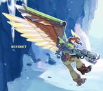  armor battleborn benedict_(battleborn) boots character_name feathered_wings furry gloves gun ice male_focus mountain multicolored multicolored_eyes red_eyes sen_nai solo weapon wings yellow_eyes 