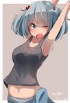  armpits arms_up blue_eyes blue_hair grey_background hair_bobbles hair_ornament highres interlocked_fingers kawashiro_nitori midriff navel one_eye_closed open_mouth pachio_(patioglass) short_twintails simple_background sketch solo stretch tank_top tears touhou twintails twitter_username two_side_up upper_body wavy_mouth yawning 