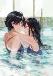  arms_around_neck black_hair blush commentary_request eye_contact face-to-face fly_(marguerite) from_side hug imminent_kiss long_hair looking_at_another multiple_girls original pool profile revision short_hair standing swimsuit water wet yuri 