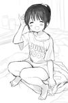  :d ^_^ barefoot blush closed_eyes clothes_writing english greyscale hair_ornament hair_scrunchie jpeg_artifacts monochrome nakadai_mana no_pants open_mouth original scrunchie sekiya_asami shirt sketch smile solo t-shirt 