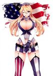  :p ;) american_flag american_flag_legwear belt blonde_hair blue_eyes blue_gloves breasts elbow_gloves fingerless_gloves garter_straps gloves hair_between_eyes hat highres ichitaka iowa_(kantai_collection) kantai_collection large_breasts long_hair looking_at_viewer miniskirt navel one_eye_closed scan shirt sidelocks skirt smile solo star star-shaped_pupils striped symbol-shaped_pupils thighhighs tied_shirt tongue tongue_out vertical-striped_skirt vertical_stripes white_gloves 