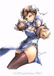  2016 alternate_legwear bracelet brown_eyes brown_hair brown_legwear bun_cover china_dress chinese_clothes chun-li cleavage_cutout clenched_hands double_bun dress fighting_stance grin groin jewelry looking_at_viewer pelvic_curtain relaxjon signature smile solo spiked_bracelet spikes street_fighter thighhighs 