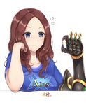  1girl alternate_costume bad_id bad_pixiv_id blue_eyes breasts brown_hair casual fate/grand_order fate_(series) gauntlets large_breasts leonardo_da_vinci_(fate/grand_order) long_hair p!nta saint_quartz shirt single_gauntlet smile solo t-shirt 