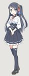  alternate_costume black_hair black_legwear blue_eyes breasts commentary_request dress eyebrows eyebrows_visible_through_hair grey_background hatsunatsu highres krt_girls long_hair long_sleeves looking_at_viewer medium_breasts meme_attire one_side_up original pleated_skirt ribbon simple_background skirt solo thighhighs v_arms virgin_killer_outfit xiao_qiong 