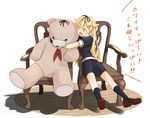  bangs black_ribbon blonde_hair bow chair commentary doll_hug fang hair_bow hair_flaps hair_ornament hair_ribbon hairclip kantai_collection kitsuneno_denpachi neckerchief open_mouth orange_eyes remodel_(kantai_collection) ribbon school_uniform serafuku shadow sitting sketch smile stuffed_animal stuffed_toy teddy_bear translated white_background wooden_floor yuudachi_(kantai_collection) 