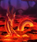  amber_eyes antlers detailed_background dragon eastern_dragon female feral hair horn lava neytirix red_hair solo white_skin 