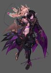  1girl :d ass bad_id bad_pixiv_id bat_wings braid cape dated demon_girl deyezi dimension_walker_(dungeon_and_fighter) dungeon_and_fighter facial_mark full_body gloves highres horns long_hair looking_back looking_to_the_side male_mage_(dungeon_and_fighter) nyarly_the_forbidden open_mouth parted_lips platform_footwear platform_heels pointy_ears purple_skin red_eyes shoulder_blades simple_background smile syringe twin_braids whip wings 