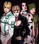  animal_print black_eyes black_hair blonde_hair brothers cow_print donatello_versace facial_mark giorno_giovanna green_eyes hage_tashuumi hand_on_hip hands_in_pockets hat jojo_no_kimyou_na_bouken male_focus multicolored_hair multiple_boys purple_hair rikiel siblings stone_ocean two-tone_hair ungaro vento_aureo wristband 