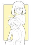  1boy 1girl brother_and_sister haruka_(pokemon) masato_(pokemon) mixed_bathing monochrome nude pokemon shower siblings white_background 