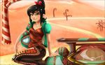  1girl black_hair candy_cane disney hair_tie hazel_eyes height_difference helmet jacket logo older race_car race_track smile solo sugar_rush vanellope_von_schweetz vyntresser wreck-it_ralph 