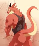  2016 anthro bed bedroom biceps bottomless butt clothed clothing digital_media_(artwork) dragon horn inviting kokuhane looking_at_viewer male multicolored_scales muscular presenting raised_tail razul red_scales scales scalie seductive shirt simple_background smile solo tank_top two_tone_scales 