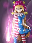  american_flag_dress american_flag_legwear blonde_hair closed_mouth clownpiece commentary_request dress fairy_wings fire hat highres holding jester_cap long_hair looking_at_viewer neck_ruff pantyhose polka_dot ringed_eyes short_dress smile solo standing star star_print striped torch touhou tyouseki very_long_hair wings 