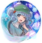  ;d asa_(coco) backpack bag bangs blue_eyes blue_hair blue_shirt blunt_bangs eyebrows eyebrows_visible_through_hair flat_cap frilled_shirt_collar frills green_hat hat head_tilt holding kawashiro_nitori key long_sleeves looking_at_viewer one_eye_closed open_mouth petals shirt short_hair smile solo touhou two_side_up upper_body wrench 
